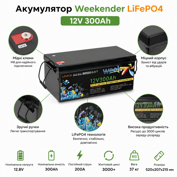 Акумулятор Weekender LiFePO4 12.8 V 300 Ah &mdash; потужний, довговічний, до 3000 циклів FT12300 фото