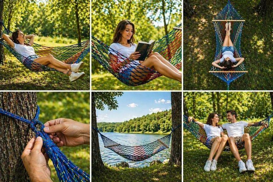 Гамак сетчатый 180х130см, грузоподъемность до 120кг (разноцветный) Гамак сетка 180х130см фото