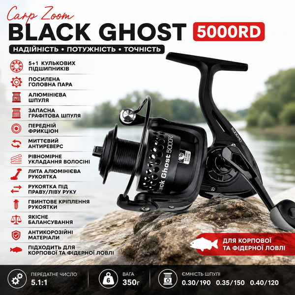 Катушка Carp Zoom Black Ghost 5000FD 5+1BB карповая фидерная с передним фрикционом CZ3062 фото