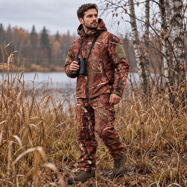 Костюм мужской демисезонный Softshell на флисе водозащитный для охоты, рыбалки, туризма и квадроцикла, камуфляж Лес Soft shell shark дубок фото