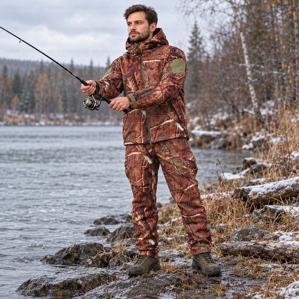 Костюм мужской демисезонный Softshell на флисе водозащитный для охоты, рыбалки, туризма и квадроцикла, камуфляж Лес Soft shell shark дубок фото