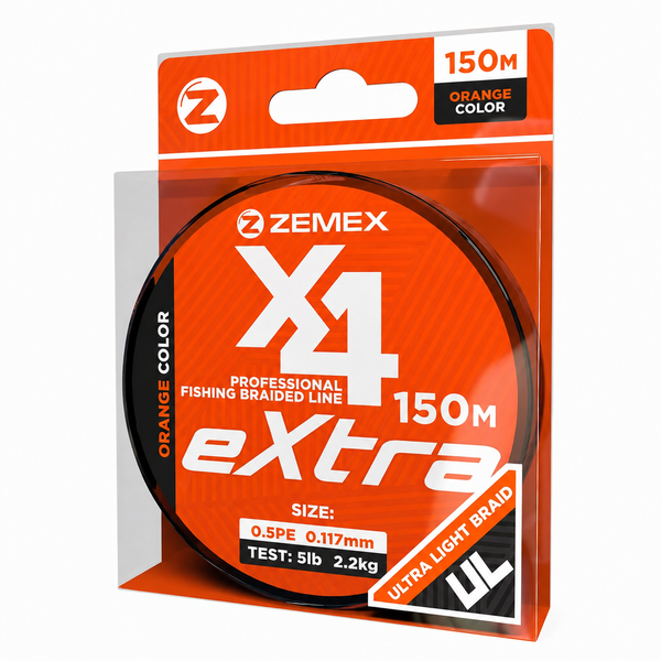Шнур плетеный  ZEMEX EXTRA X4 150м, 0,5 PE, 0,117мм orange Zemex 0,117 фото
