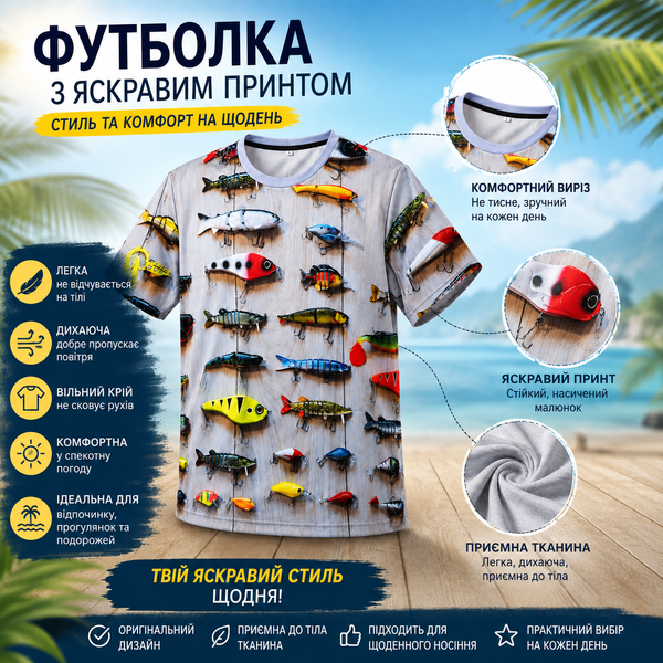 Футболка чоловіча з яскравим принтом, літня повсякденна Футболка рыбки серая фото