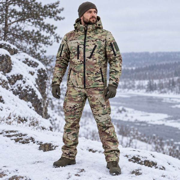 Мужской тактический костюм Softshell Multicam 10 000 мм на флисе, осень-зима, куртка + штаны, размеры 46/54/56 Soft Shell мультикам 2023 фото